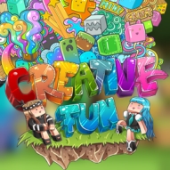 The logo for CreativeFun, a creative roleplay minecraft server averaging at 300 online players